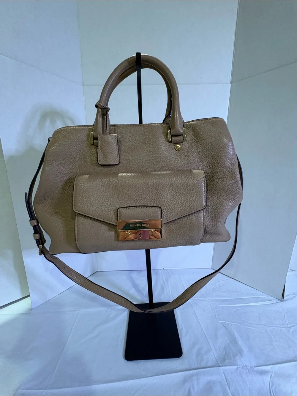 Michael Kors Taupe Pebbled Leather Shoulder Tote with Gold Hardware